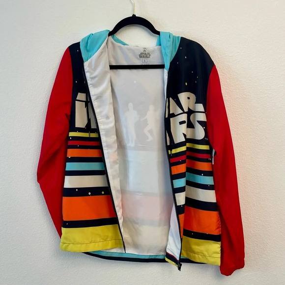 New Disney Parks Star Wars Windbreaker Jacket Size Small Striped Logo Red Blue - Picture 2 of 11